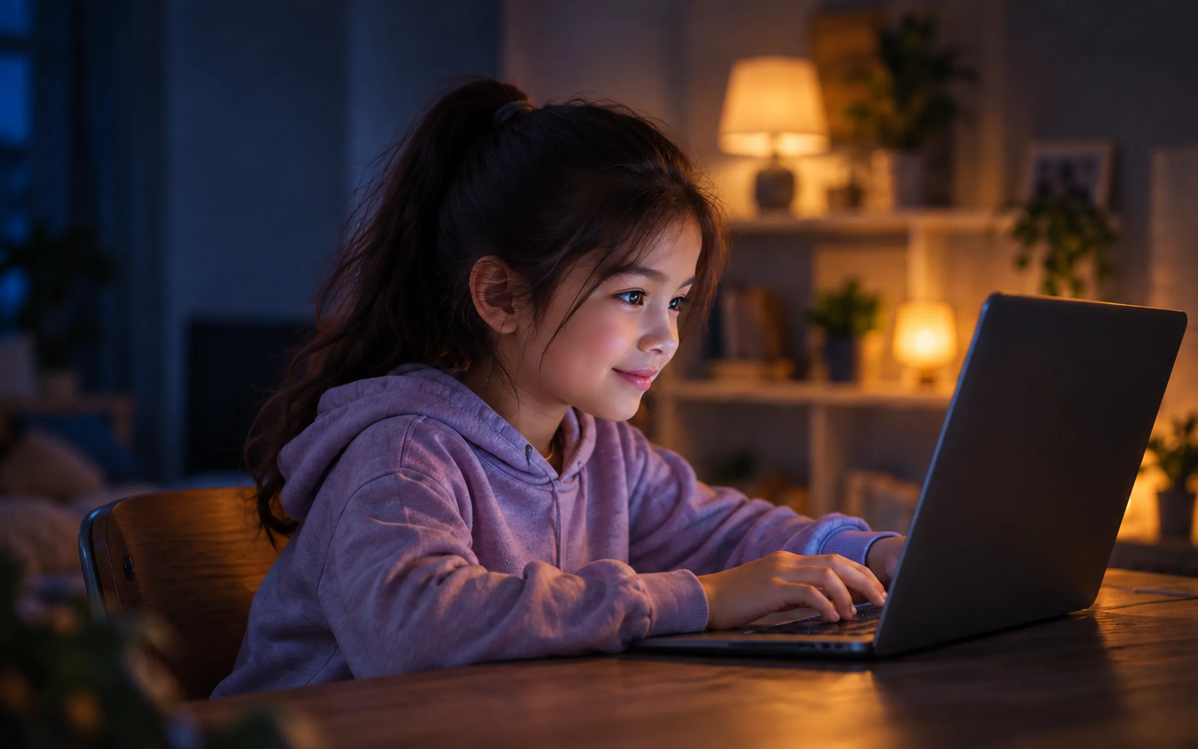 A young girl using a laptop at home in warm evening light